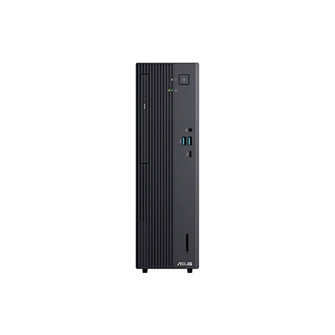 Schwarzer Asus ExpertCenter Desktop PC im Slim-Design mit Front-Anschlüssen auf weißem Hintergrund.