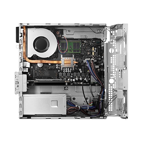 Innenansicht eines kompakten Computers mit NVIDIA RTX A400 Grafikkarte, Lüfter und Platine.