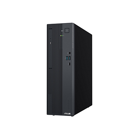 Schwarzer Asus ExpertCenter Desktop-PC in kompakter Tower-Bauweise vor weißem Hintergrund.