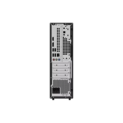 Rückseite eines schmalen Desktop-PCs mit diversen Anschlussmöglichkeiten wie HDMI, USB und Audio-Buchsen.