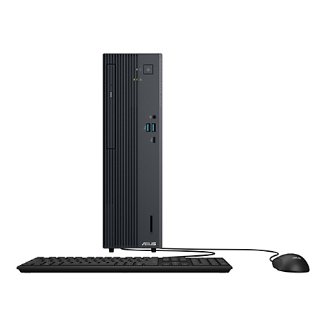 Schwarzer Asus ExpertCenter Desktop-PC mit angeschlossener Tastatur und Maus vor weißem Hintergrund.