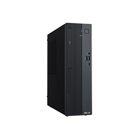 Schwarzer Asus ExpertCenter Desktop-PC vor weißem Hintergrund mit vertikaler Front-Rippenstruktur.