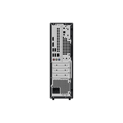 Rückseite eines schwarzen Computergehäuses mit verschiedenen Anschlüssen wie HDMI, USB und Audio-Buchsen.