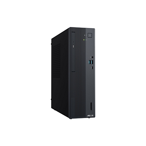 Schwarzer ASUS ExpertCenter Desktop-PC im Tower-Format vor weißem Hintergrund.