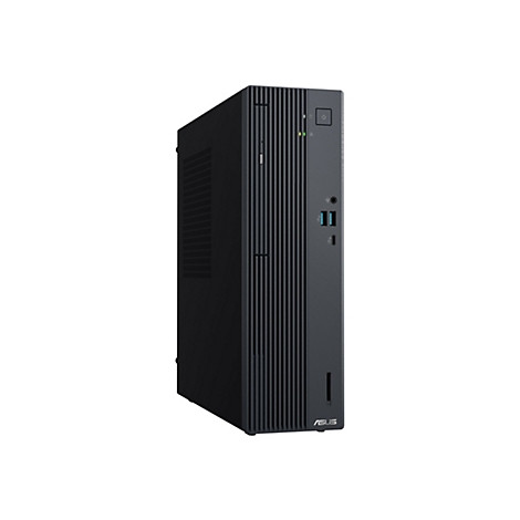 Schwarzer ASUS ExpertCenter Desktop-PC im Tower-Format auf weißem Hintergrund.