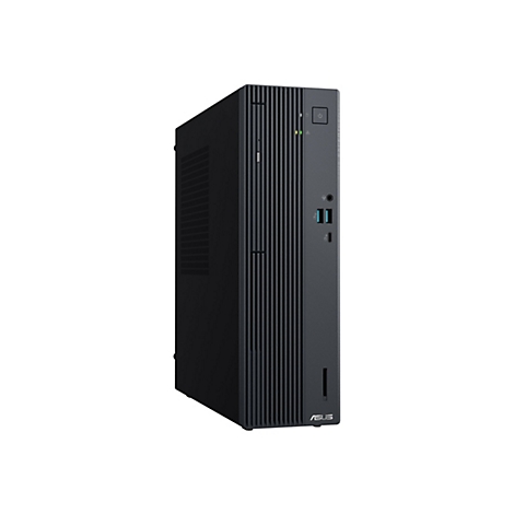Schwarzer Tower-PC, Frontansicht, mit ASUS-Logo. Auf der Vorderseite befinden sich USB-Anschlüsse, Audio-Anschlüsse und ein Einschaltknopf.