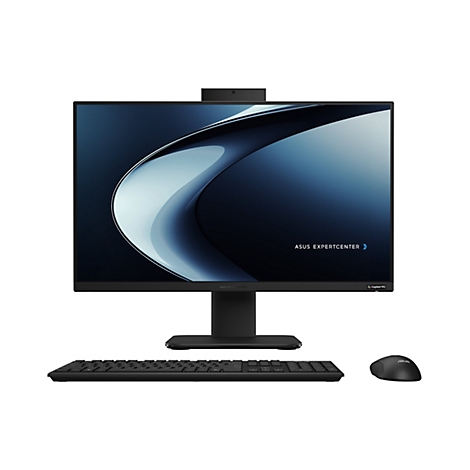 Schwarzer ASUS ExpertCenter All-in-One PC mit Tastatur und Maus vor weißem Hintergrund.