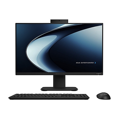 Ein schwarzer All-in-One-PC mit Tastatur und Maus. Auf dem Bildschirm steht ASUS Expertcenter.