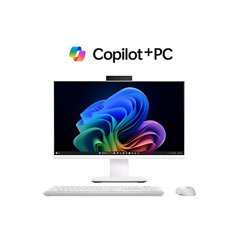 Weißer Asus ExpertCenter All-in-One PC mit Tastatur und Maus unter einem Copilot+ PC Logo.