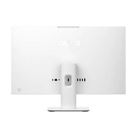 Rückseite eines weißen ASUS Monitors mit sichtbaren Anschlüssen und einem mittigen Standfuß vor weißem Hintergrund.