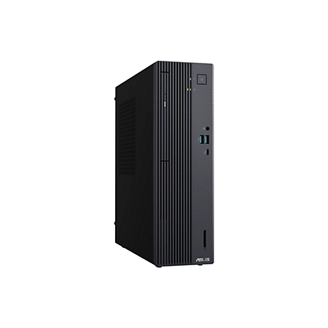 Schwarzer ASUS ExpertCenter Desktop-PC in kompakter Tower-Bauweise auf weißem Hintergrund.