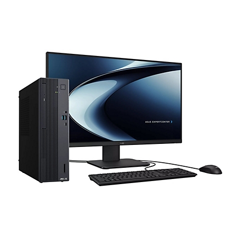 Schwarzer Asus Desktop-PC mit Monitor, Tastatur und Maus auf weißem Hintergrund.