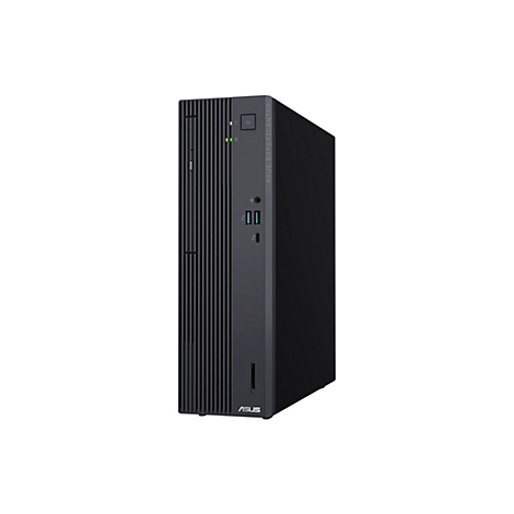 Schwarzer Asus ExpertCenter Business-PC im Turm-Format mit geriffelter Front und diversen Anschlüssen.