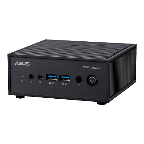 Schwarzer ASUS ExpertCenter Mini-PC. Vorderseite mit AnschlÃ¼ssen und ASUS Logo. Auf weiÃŸem Hintergrund.