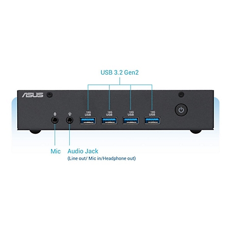 Schwarzes ASUS Gerät mit USB-Anschlüssen, Audio-Eingang und Power-Taste. Beschriftung: USB 3.2 Gen2 und Mic.