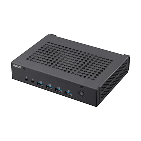 Schwarzer Mini-PC mit ASUS-Logo. Auf der Oberseite befinden sich Löcher für die Belüftung. Auf der Vorderseite sind USB-Anschlüsse und ein Einschaltknopf.