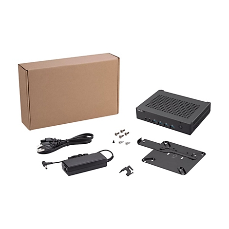 Schwarzer Mini-PC mit Zubehör: Netzteil, Schrauben, Halterung und Karton. Auf weißem Hintergrund.