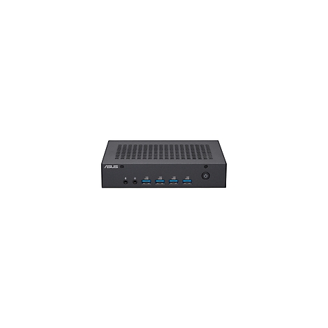 Schwarzer Mini-PC mit ASUS-Logo. Auf der Vorderseite: USB-Anschlüsse, Audio-Anschlüsse und Ein-/Aus-Taste.
