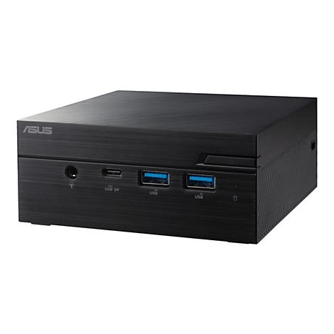 Schwarzer Mini-PC mit ASUS-Logo. Auf der Vorderseite: USB-Anschlüsse, Audioanschluss, und Power-Knopf. Geriffelte Seiten.