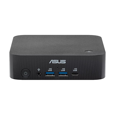 Schwarzer Asus Mini-PC mit Anschlüssen für USB, Audio und Power-Button auf der Vorderseite.