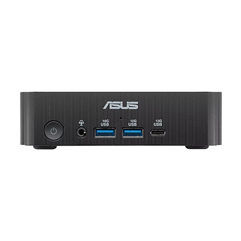 Vorderansicht eines schwarzen ASUS Mini-PCs mit Anschlüssen und Firmenlogo auf weißem Hintergrund.