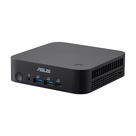 Schwarzer Asus Mini-PC vor weißem Hintergrund mit Frontanschlüssen und Asus-Logo.