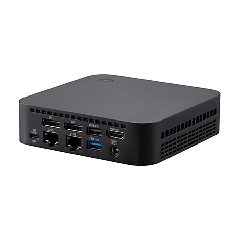 Schwarzer Mini-PC mit verschiedenen Anschlüssen wie USB, Ethernet und HDMI auf der Rückseite.