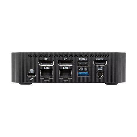 Rückseite einer schwarzen Dockingstation mit verschiedenen Anschlüssen wie USB-C, Ethernet, HDMI und DisplayPort.