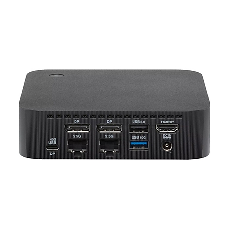 Rückseite einer schwarzen Dockingstation mit verschiedenen USB-, HDMI-, DisplayPort- und Netzwerkanschlüssen.