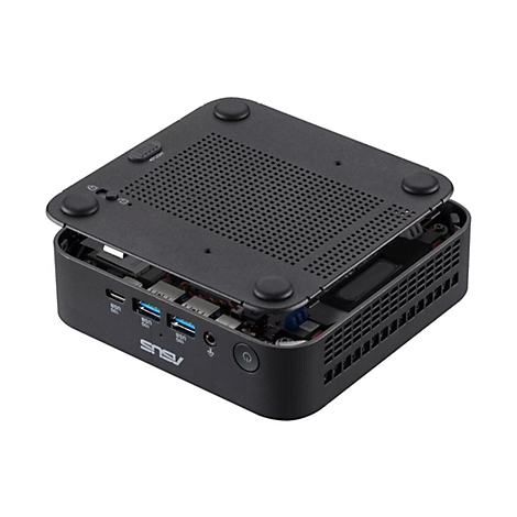 Schwarzer ASUS Mini-PC mit abgenommenem Gehäusedeckel auf weißem Hintergrund.