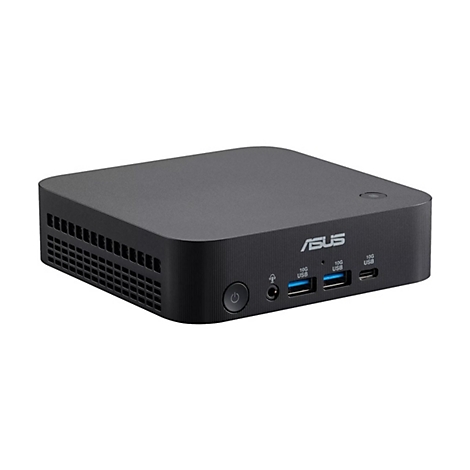 Schwarzer Asus Mini-PC mit Power-Button, USB-Anschlüssen und Kopfhörerbuchse auf der Vorderseite.