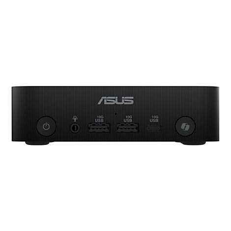 Schwarzer Mini-PC mit ASUS-Logo, Anschlüssen und Ein-/Aus-Schalter. Die Oberfläche ist geriffelt.