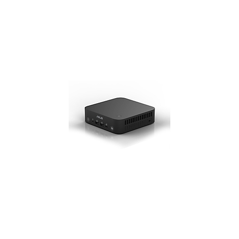 Schwarzer ASUS Mini-PC, eckig, auf weißem Hintergrund. Vorne: USB-Anschlüsse, Power-Taste, Logo. Seitlich: Lüftungsschlitze.