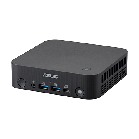 Schwarzer Asus Mini-PC vor weißem Hintergrund mit frontseitigen USB-Anschlüssen, Audiobuchse und Einschalttaste.