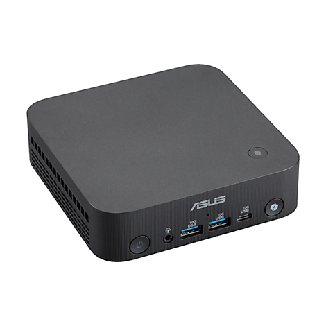Kompakter, quadratischer Asus Mini-PC in Anthrazit mit Frontanschlüssen und Power-Button auf weißem Hintergrund.