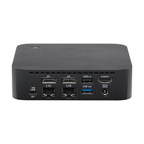 Rückseite einer schwarzen Dockingstation mit verschiedenen Anschlüssen wie USB-C, Ethernet, HDMI und DisplayPort.