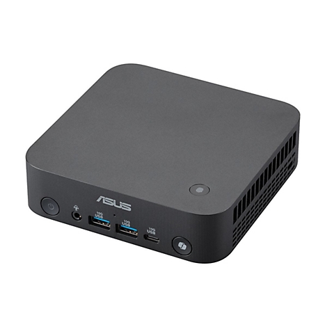 Kompakter, quadratischer schwarzer Asus Mini-PC mit Anschlüssen auf der Vorderseite.