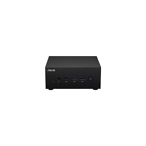 Schwarzer Mini-PC mit ASUS-Logo, Frontansicht, mit AnschlÃ¼ssen und Power-Button.
