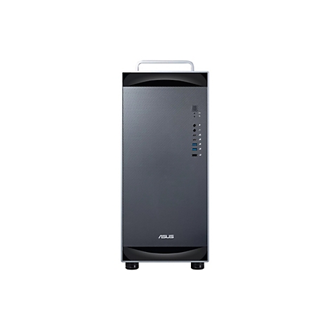 Asus Tower-PC mit silberner Front, Tragegriff oben und Anschlüssen an der rechten Seite vor weißem Hintergrund.