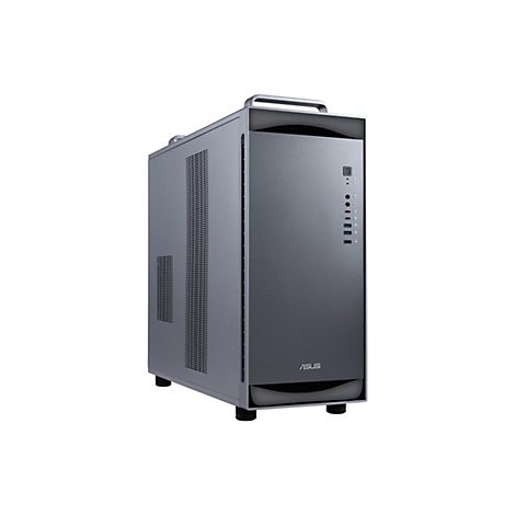 Grauer ASUS Tower-PC mit Carbon-Optik Front und Tragegriff auf weißem Hintergrund.