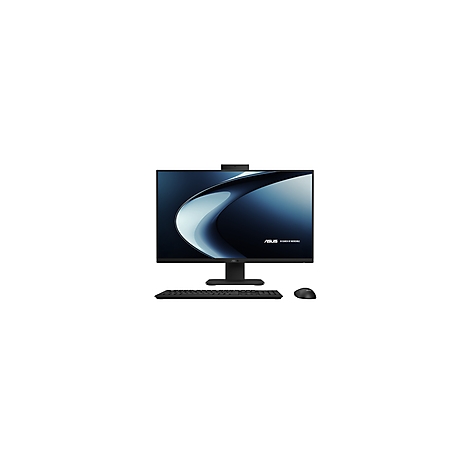 Schwarzer All-in-One-PC mit Tastatur und Maus. Auf dem Bildschirm ist ein blau-schwarzes Design zu sehen.