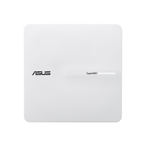 Ein weißes ASUS ExpertWifi Gerät, rechteckig, abgerundete Ecken, ASUS-Logo links oben, Schriftzug 'ExpertWifi' und Strich.