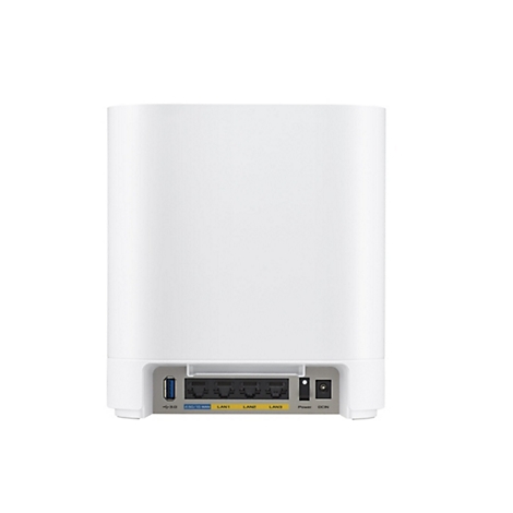 Ein weißer Router, Rückseite, mit Anschlüssen für USB, LAN und Stromanschluss.