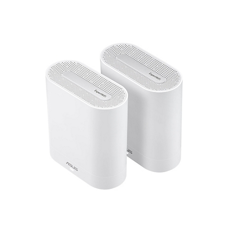 Zwei weiße Router mit der Aufschrift "ExpertWiFi" auf der Oberseite. Das Asus-Logo ist auf der Unterseite sichtbar.