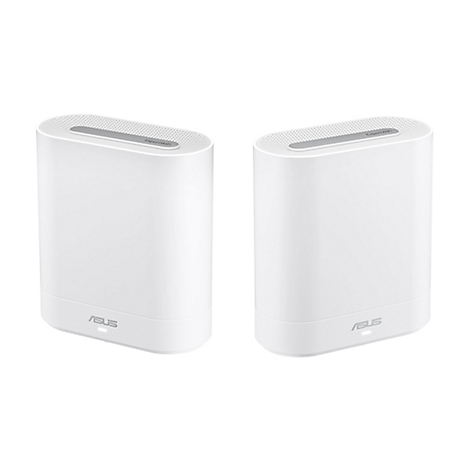 Zwei weiÃŸe, zylindrische Router mit der Aufschrift ASUS. Sie haben eine rechteckige Oberseite mit grauem Gitter.