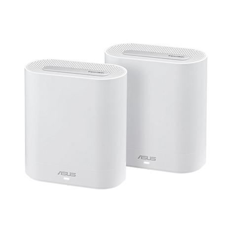 Zwei weiÃŸe, zylindrische Router mit abgerundeten Ecken und flachen Oberseiten. Der ASUS-Schriftzug ist sichtbar.