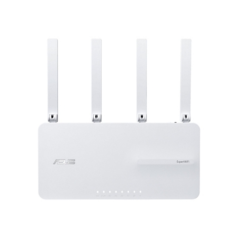 Weißer WLAN-Router mit vier Antennen. Das ASUS-Logo und der Schriftzug "ExpertWiFi" sind auf der Oberfläche erkennbar.