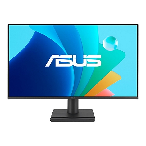 Un moniteur noir avec le logo ASUS sur un écran avec des formes colorées sur fond blanc.