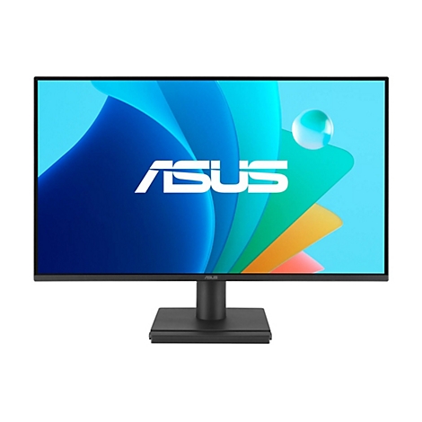 Un moniteur ASUS noir, affichage avec fond bleu et logo ASUS.
