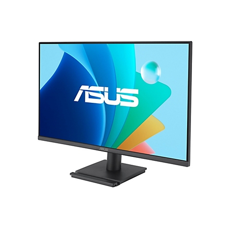 Un moniteur ASUS noir se dresse sur un fond blanc. L'écran affiche un arrière-plan multicolore avec le logo ASUS.